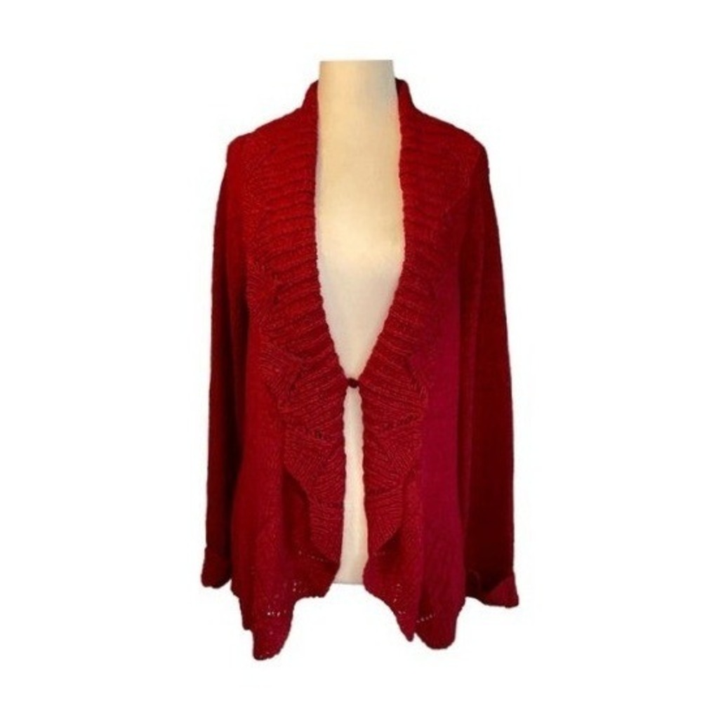 Tweeds Waterfall‎ Cardigan Sweater Red Open Knit Long Sleeve Yoke Collar XL